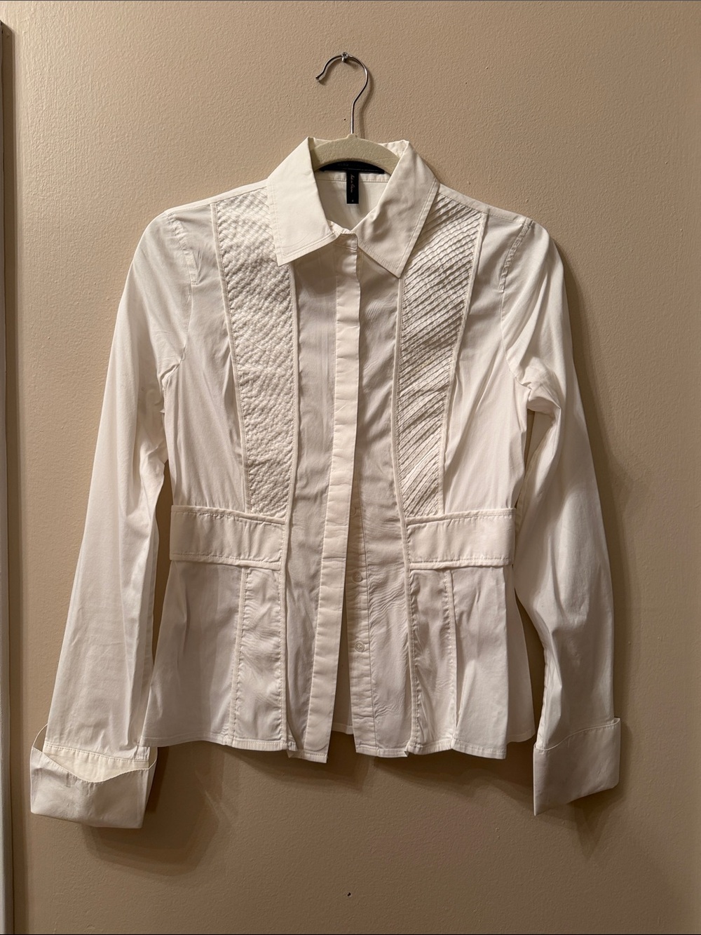 BCBGMaxAzria White Button-Front Pintuck Cotton Shirt